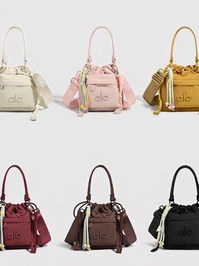 ALO Yoga Mini Drawstring Bucket Bag — Ivory, Blush, Mustard, Wine, Brown, Black